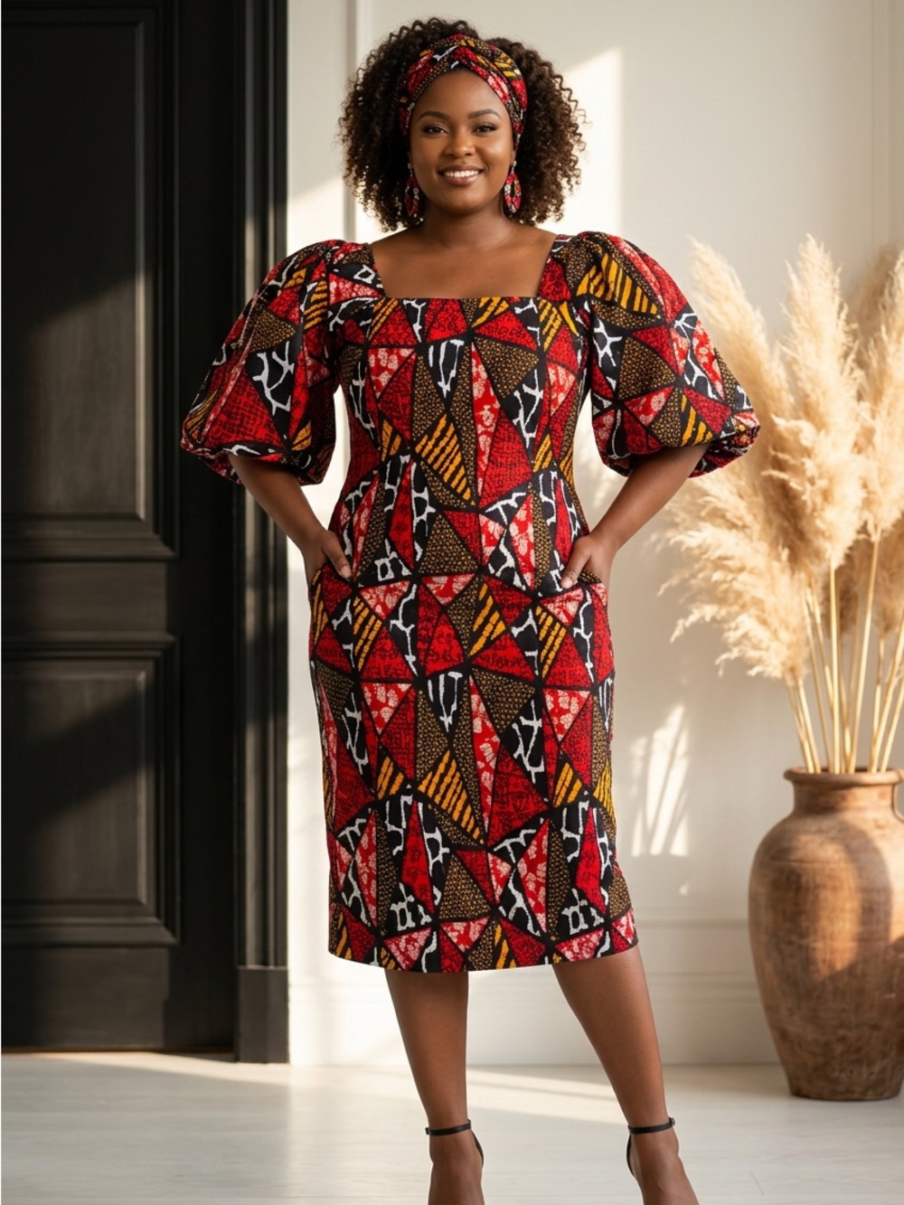 Vibrant Geometric Print Puff-Sleeve Midi Dress in Red, Black & Gold